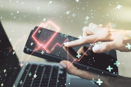 Creative abstract heart pulse hologram and finger presses on a digital tablet on background, online...