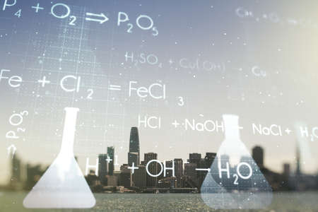Creative chemistry hologram on San Francisco office buildings background, pharmaceutical research concept. Multiexposureの写真素材