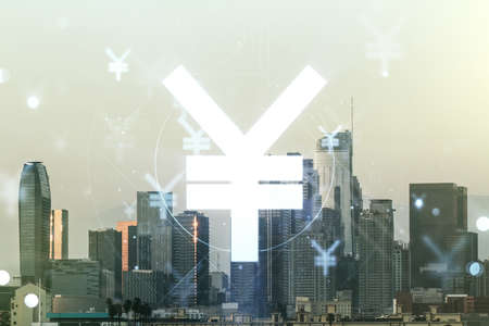 Double exposure of abstract virtual Japanese Yen symbol hologram on Los Angeles city skyscrapers background. Banking and investing conceptの写真素材