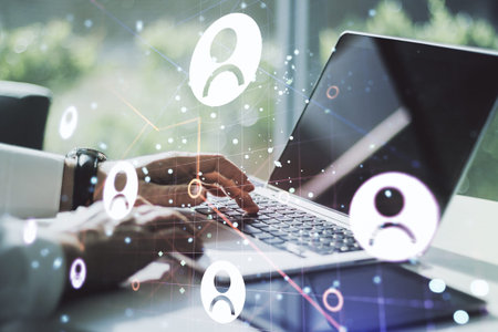 Social network media concept with hands typing on computer keyboard on background. Double exposure