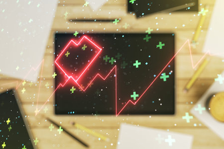 Double exposure of creative abstract heart rate hologram and digital tablet on background, top view....
