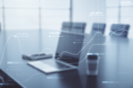 Abstract creative stats data concept on modern laptop background. Multiexposure