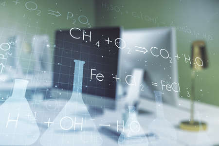 Creative chemistry concept on modern laptop background. Multiexposureの写真素材