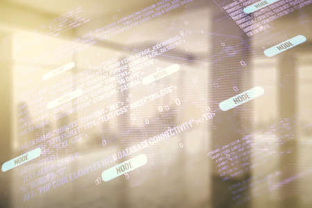 Double exposure of abstract creative programming illustration and world map on empty room interior background, big data and blockchain conceptの写真素材