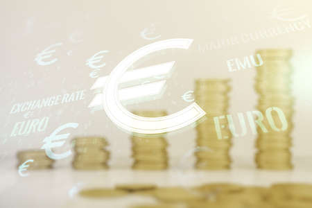 Virtual EURO symbols sketch on growing coins stacks background, strategy and forecast concept. Multiexposureの写真素材