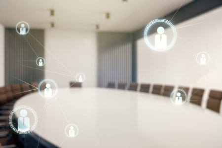 Double exposure of social network icons hologram on a modern boardroom background. Networking...