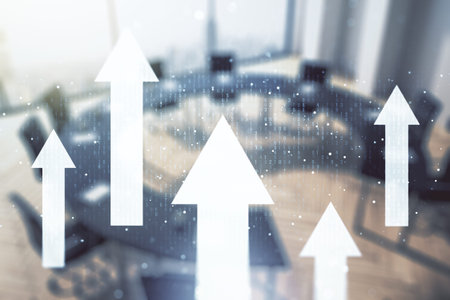 Abstract virtual upward arrows sketch on a modern boardroom background, target and goal concept....