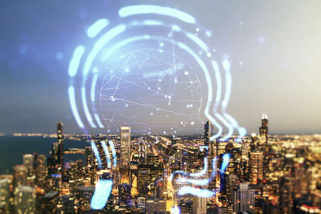 Abstract virtual artificial Intelligence concept with human head sketch on Chicago cityscape background. Double exposureの写真素材
