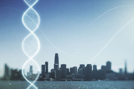 Double exposure of creative DNA hologram on San Francisco city skyscrapers background. Bio Engineering and DNA Research conceptの写真素材