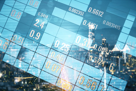 Abstract virtual analytics data spreadsheet on San Francisco cityscape background, analytics and...