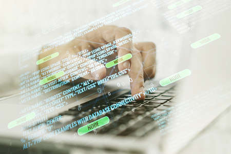 Abstract creative coding illustration with hands typing on laptop on background, software development concept. Multiexposureの写真素材