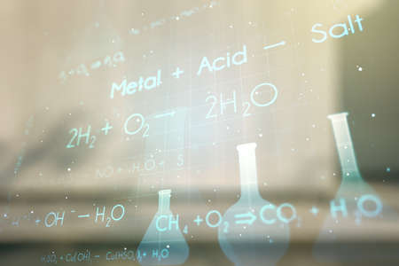 Creative chemistry hologram on contemporary business center exterior background, pharmaceutical research concept. Multiexposureの写真素材