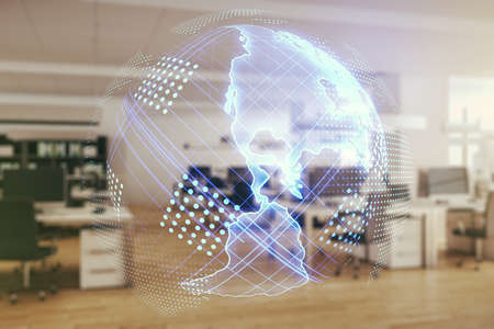 Virtual digital map of North America on a modern furnished office background, international trading concept. Multiexposureの写真素材