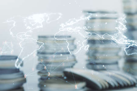 Double exposure of abstract digital world map on growing stacks of coins background, research and strategy conceptの写真素材