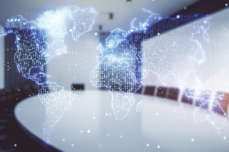 Multi exposure of abstract graphic world map on a modern furnished classroom background, big data...
