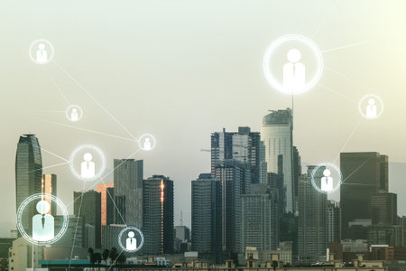 Abstract virtual social network concept on Los Angeles skyline background. Multiexposure