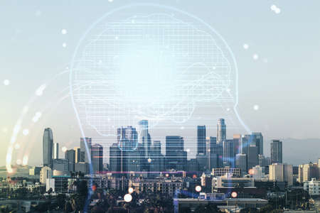 Double exposure of creative artificial Intelligence hologram on Los Angeles city skyscrapers background. Neural networks and machine learning conceptの写真素材