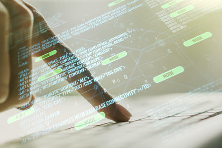 Multi exposure of abstract graphic coding sketch with hands typing on computer keyboard on...
