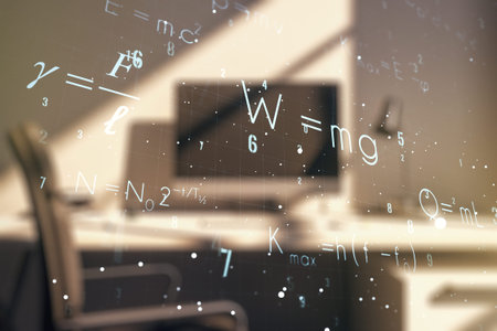 Creative scientific formula hologram and modern desk with computer on background, research concept....