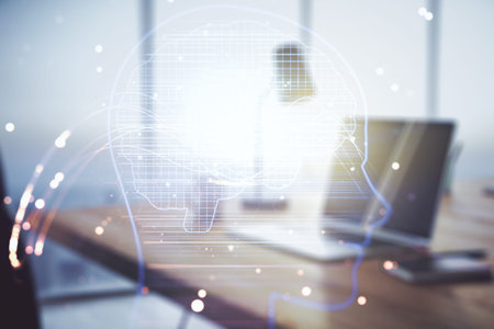 Double exposure of creative artificial Intelligence symbol with modern laptop on background. Neural...
