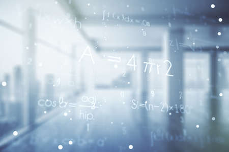 Abstract scientific formula hologram on empty classroom background. Multiexposureの写真素材
