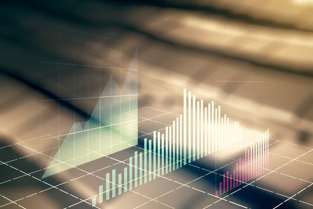 Multi exposure of virtual creative financial chart hologram on blurry metal background, research and analytics conceptの写真素材