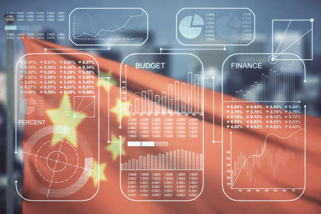 Abstract virtual stats data hologram on flag of China and blurry cityscape background. Multiexposureの写真素材