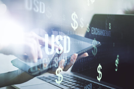 Creative concept of USD symbols illustration and finger clicks on a digital tablet on background....