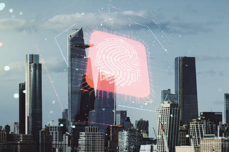 Multi exposure of virtual fingerprint scan interface on Manhattan office buildings background, digital access conceptの写真素材