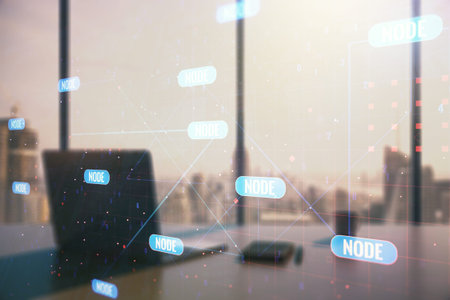 Multi exposure of abstract graphic coding sketch and modern desktop with pc on background, big data...