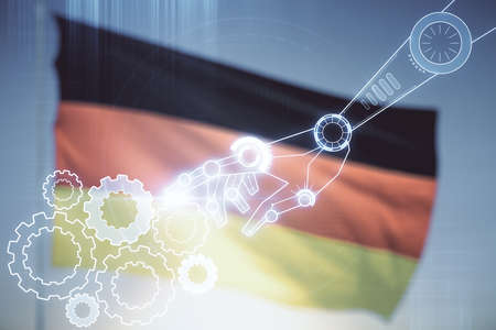 Abstract virtual robotics technology hologram on German flag and sunset sky background. Robot development and automation concept. Multiexposureの写真素材
