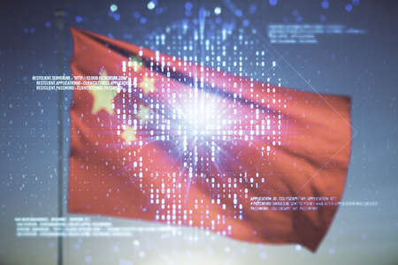 Double exposure of abstract virtual creative code skull hologram on flag of China and sunset sky background. Malware and cyber crime conceptの写真素材