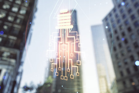 Virtual creative light bulb illustration with microcircuit on modern architecture background, future...