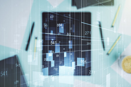 Double exposure of abstract creative statistics data hologram and modern digital tablet on...