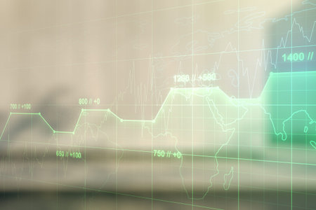 Multi exposure of stats data illustration on blurry modern office building background, computing and...