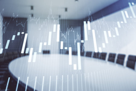 Double exposure of virtual creative financial diagram on a modern boardroom background, banking and...