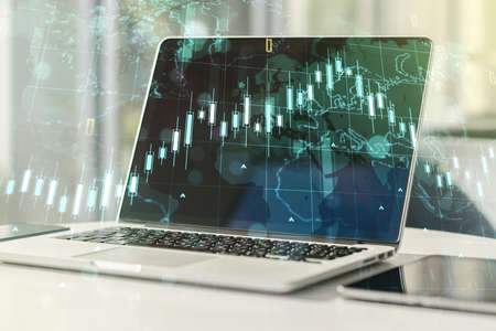 Multi exposure of abstract financial diagram with world map on computer background, banking and accounting conceptの写真素材