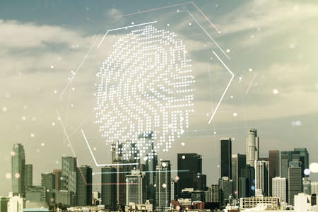 Abstract virtual fingerprint illustration on Los Angeles cityscape background, personal biometric data concept. Multiexposureの写真素材