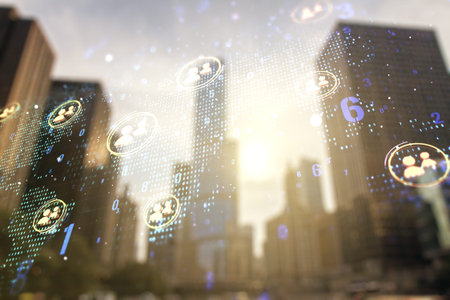 Double exposure of social network icons interface and world map on blurry cityscape background....