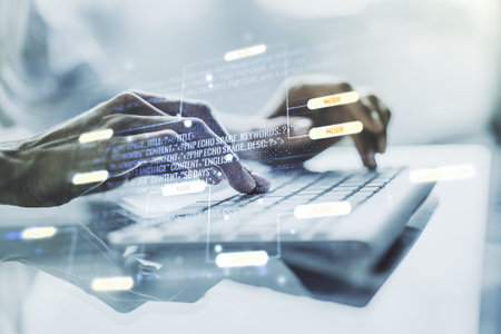 Double exposure of abstract creative programming illustration and hands typing on laptop on...