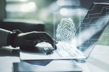 Double exposure of abstract creative fingerprint hologram with hands typing on laptop on background,...