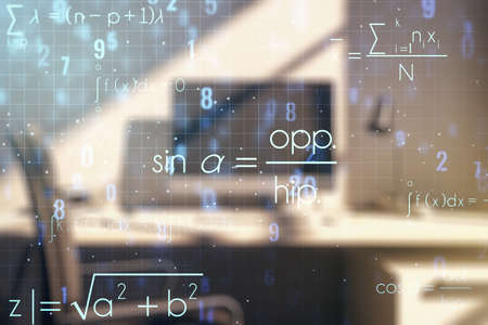 Creative scientific formula illustration and modern desktop with pc on background, science and research concept. Multiexposureの写真素材