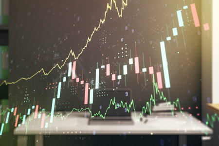 Multi exposure of abstract creative financial chart and modern desktop with laptop on background,...