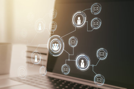 Social network concept with modern laptop on background. Multiexposure