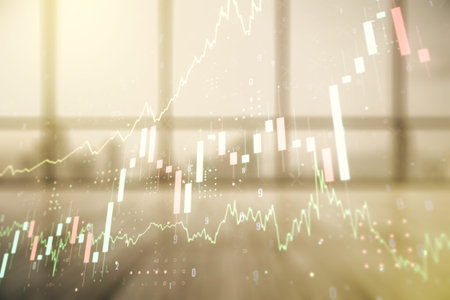 Abstract virtual financial graph hologram on modern interior background, financial and trading...