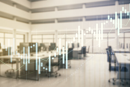 Multi exposure of virtual abstract financial graph interface on a modern furnished classroom background, financial and trading conceptの写真素材