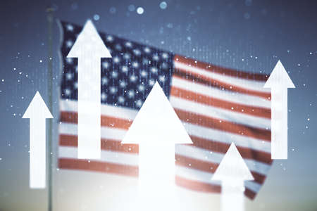 Virtual upward arrows illustration on USA flag and sunset sky background. Breakthrough and progress concept. Multiexposureの写真素材