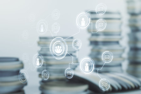 Double exposure of abstract virtual social network icons on growing stacks of coins background....