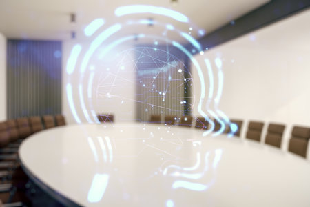 Abstract virtual artificial Intelligence concept with human head sketch on a modern coworking room background. Double exposureの写真素材