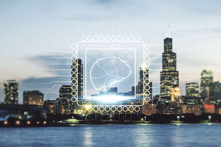 Virtual creative artificial Intelligence hologram with human brain sketch on Chicago skyline background. Multiexposureの写真素材